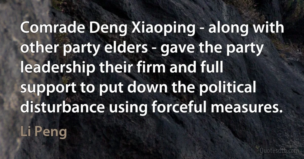 Comrade Deng Xiaoping - along with other party elders - gave the party leadership their firm and full support to put down the political disturbance using forceful measures. (Li Peng)