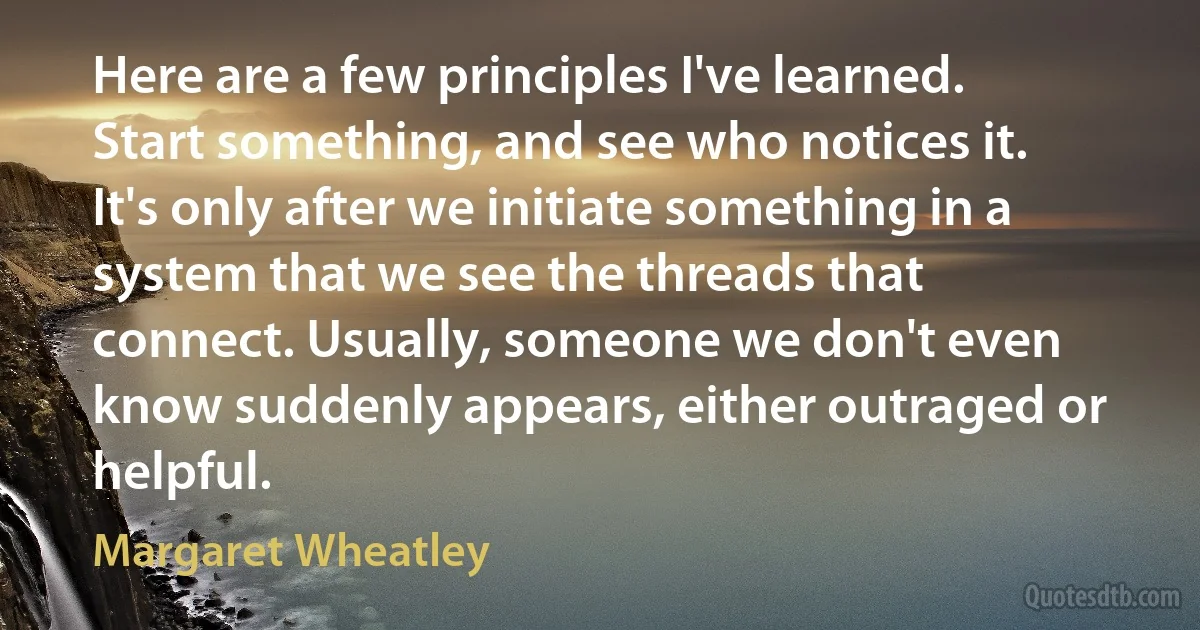 Here are a few principles I've learned. Start something, and see who notices it. It's only after we initiate something in a system that we see the threads that connect. Usually, someone we don't even know suddenly appears, either outraged or helpful. (Margaret Wheatley)