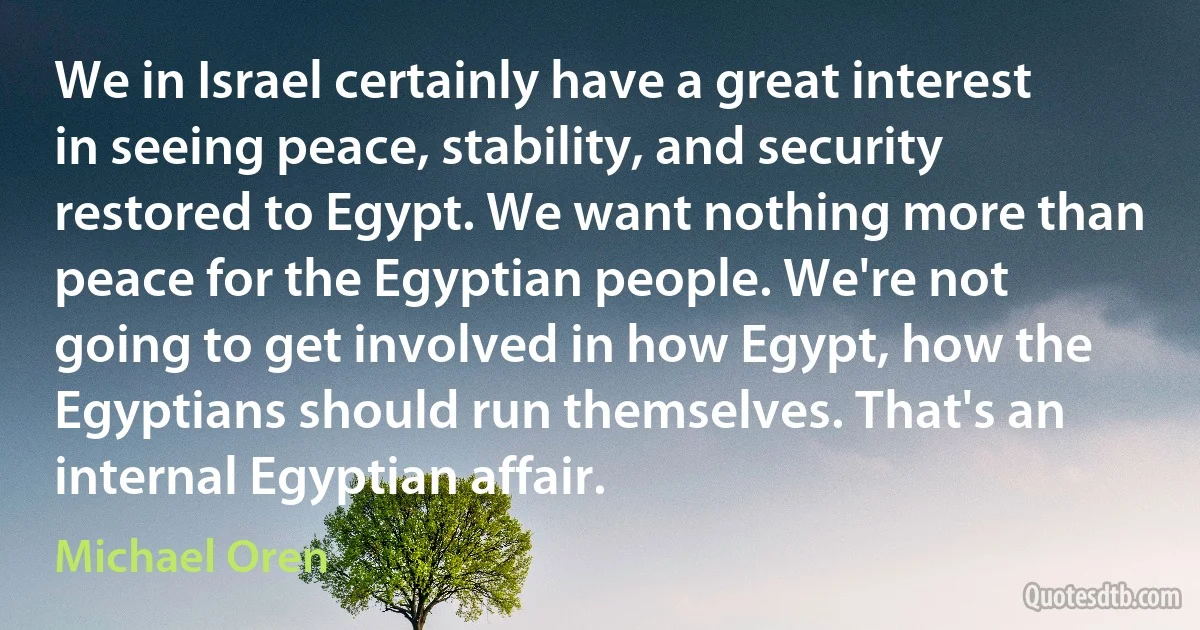 We in Israel certainly have a great interest in seeing peace, stability, and security restored to Egypt. We want nothing more than peace for the Egyptian people. We're not going to get involved in how Egypt, how the Egyptians should run themselves. That's an internal Egyptian affair. (Michael Oren)