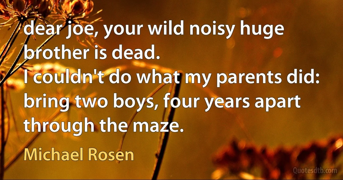 dear joe, your wild noisy huge brother is dead.
I couldn't do what my parents did:
bring two boys, four years apart through the maze. (Michael Rosen)