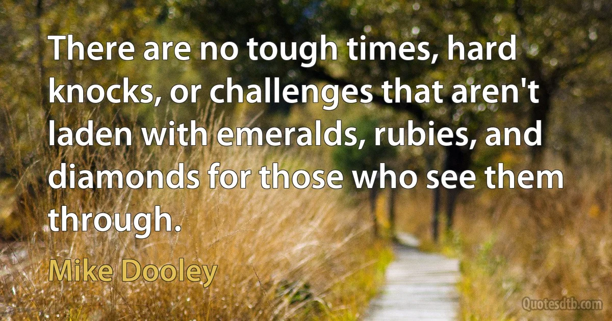 There are no tough times, hard knocks, or challenges that aren't laden with emeralds, rubies, and diamonds for those who see them through. (Mike Dooley)