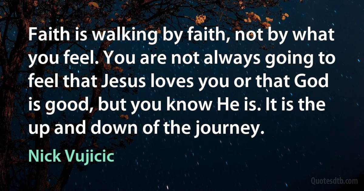 Faith is walking by faith, not by what you feel. You are not always going to feel that Jesus loves you or that God is good, but you know He is. It is the up and down of the journey. (Nick Vujicic)