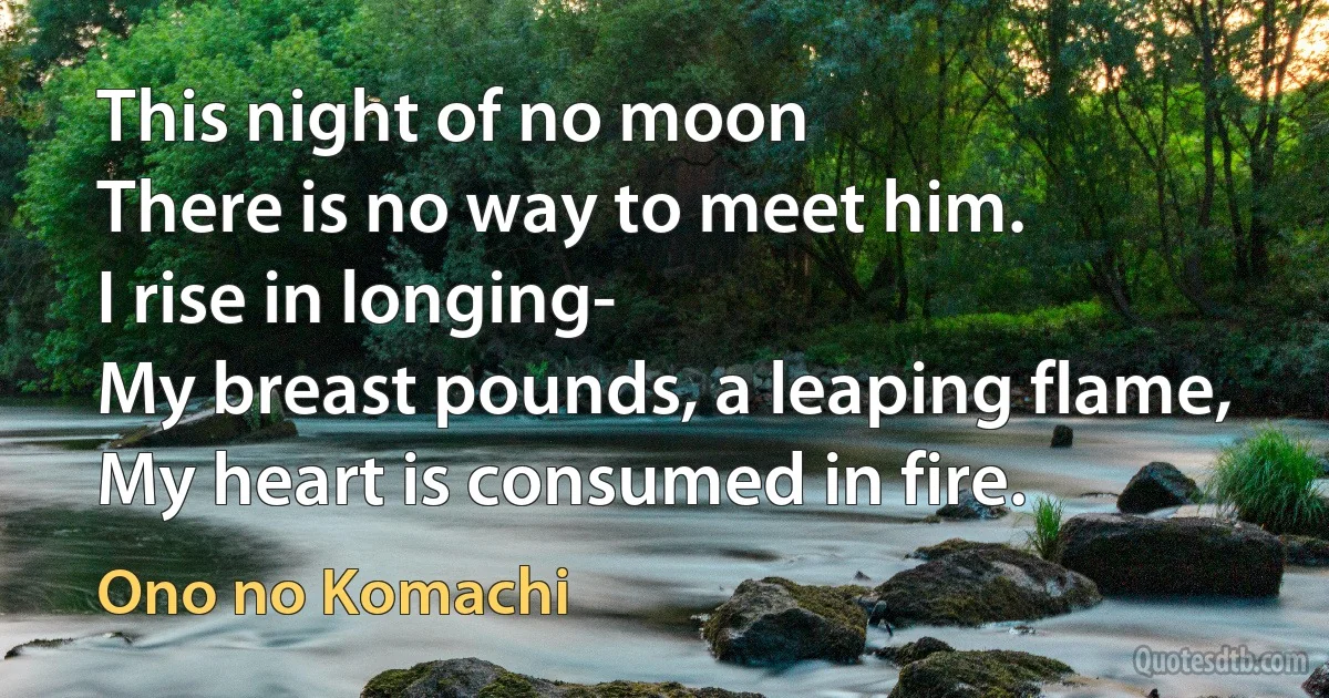 This night of no moon
There is no way to meet him.
I rise in longing-
My breast pounds, a leaping flame,
My heart is consumed in fire. (Ono no Komachi)