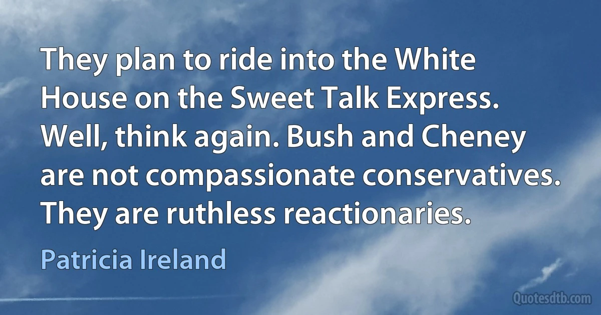 They plan to ride into the White House on the Sweet Talk Express. Well, think again. Bush and Cheney are not compassionate conservatives. They are ruthless reactionaries. (Patricia Ireland)