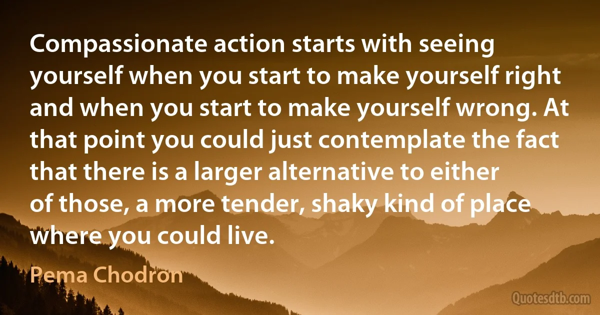 Compassionate action starts with seeing yourself when you start to make yourself right and when you start to make yourself wrong. At that point you could just contemplate the fact that there is a larger alternative to either of those, a more tender, shaky kind of place where you could live. (Pema Chodron)