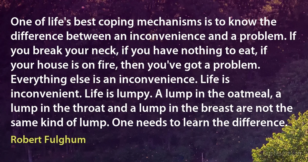 One of life's best coping mechanisms is to know the difference between an inconvenience and a problem. If you break your neck, if you have nothing to eat, if your house is on fire, then you've got a problem. Everything else is an inconvenience. Life is inconvenient. Life is lumpy. A lump in the oatmeal, a lump in the throat and a lump in the breast are not the same kind of lump. One needs to learn the difference. (Robert Fulghum)