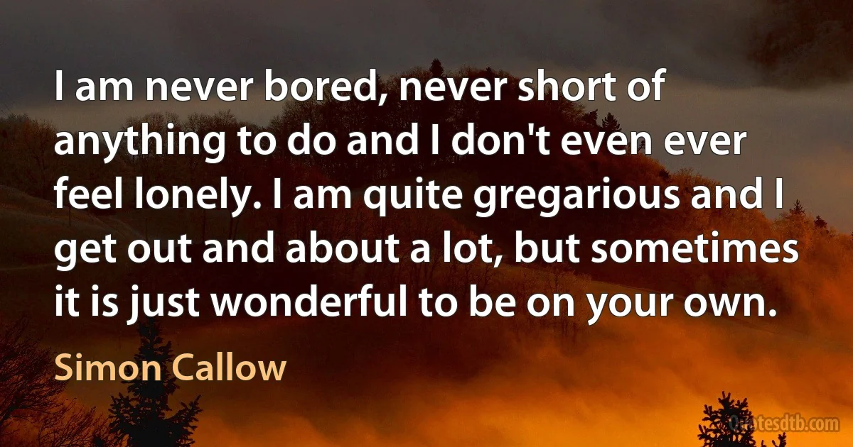 I am never bored, never short of anything to do and I don't even ever feel lonely. I am quite gregarious and I get out and about a lot, but sometimes it is just wonderful to be on your own. (Simon Callow)