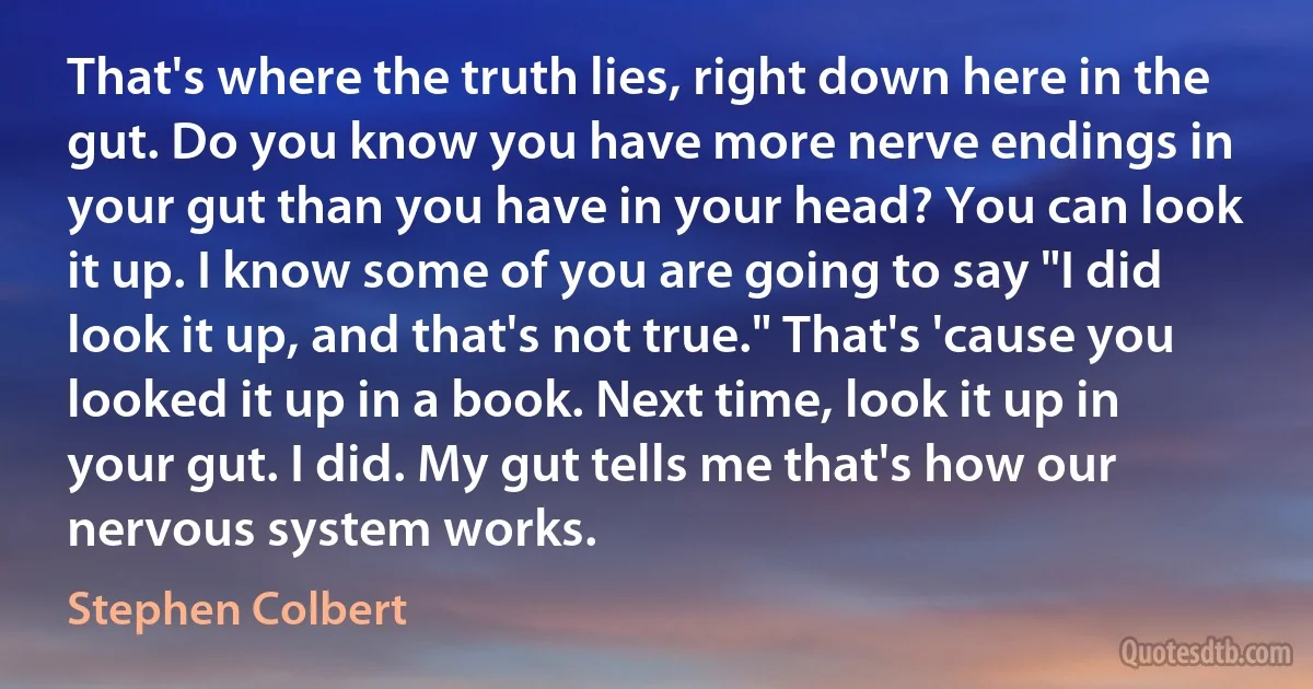 That's where the truth lies, right down here in the gut. Do you know you have more nerve endings in your gut than you have in your head? You can look it up. I know some of you are going to say "I did look it up, and that's not true." That's 'cause you looked it up in a book. Next time, look it up in your gut. I did. My gut tells me that's how our nervous system works. (Stephen Colbert)