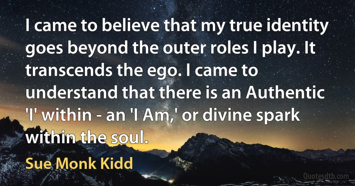 I came to believe that my true identity goes beyond the outer roles I play. It transcends the ego. I came to understand that there is an Authentic 'I' within - an 'I Am,' or divine spark within the soul. (Sue Monk Kidd)