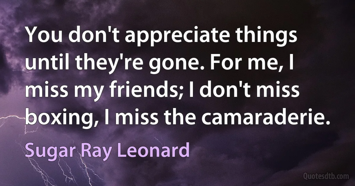 You don't appreciate things until they're gone. For me, I miss my friends; I don't miss boxing, I miss the camaraderie. (Sugar Ray Leonard)