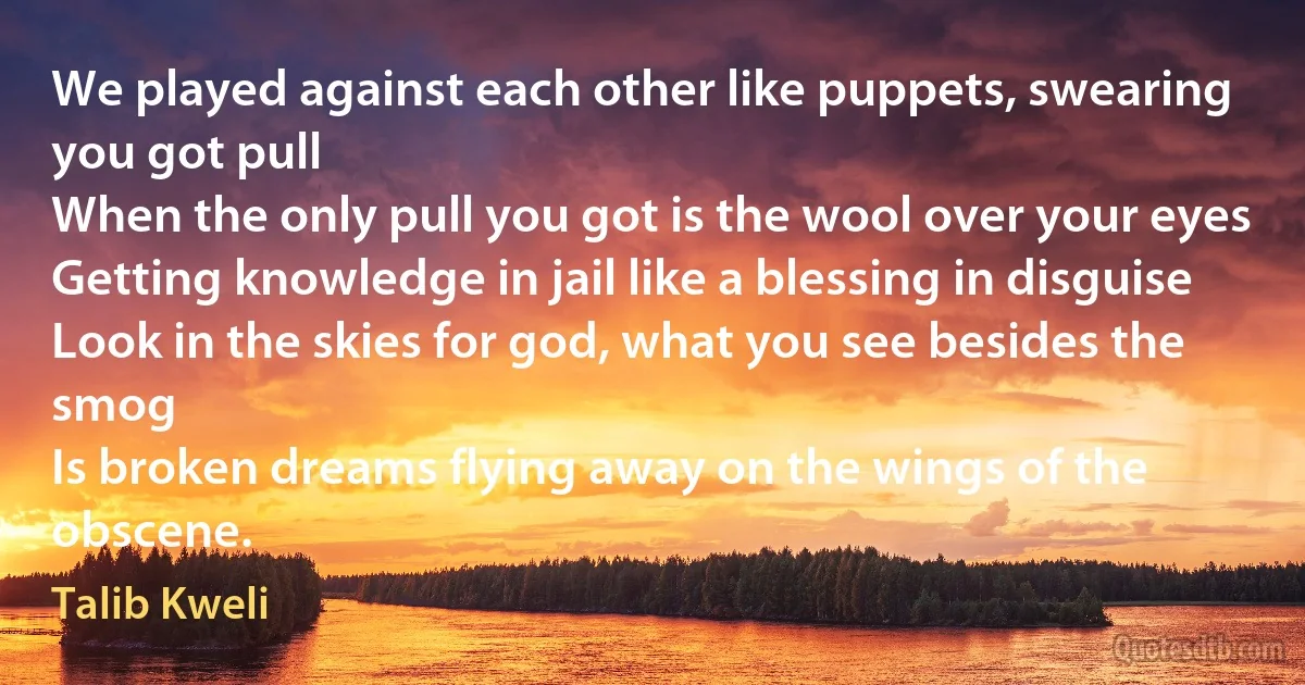 We played against each other like puppets, swearing you got pull
When the only pull you got is the wool over your eyes
Getting knowledge in jail like a blessing in disguise
Look in the skies for god, what you see besides the smog
Is broken dreams flying away on the wings of the obscene. (Talib Kweli)