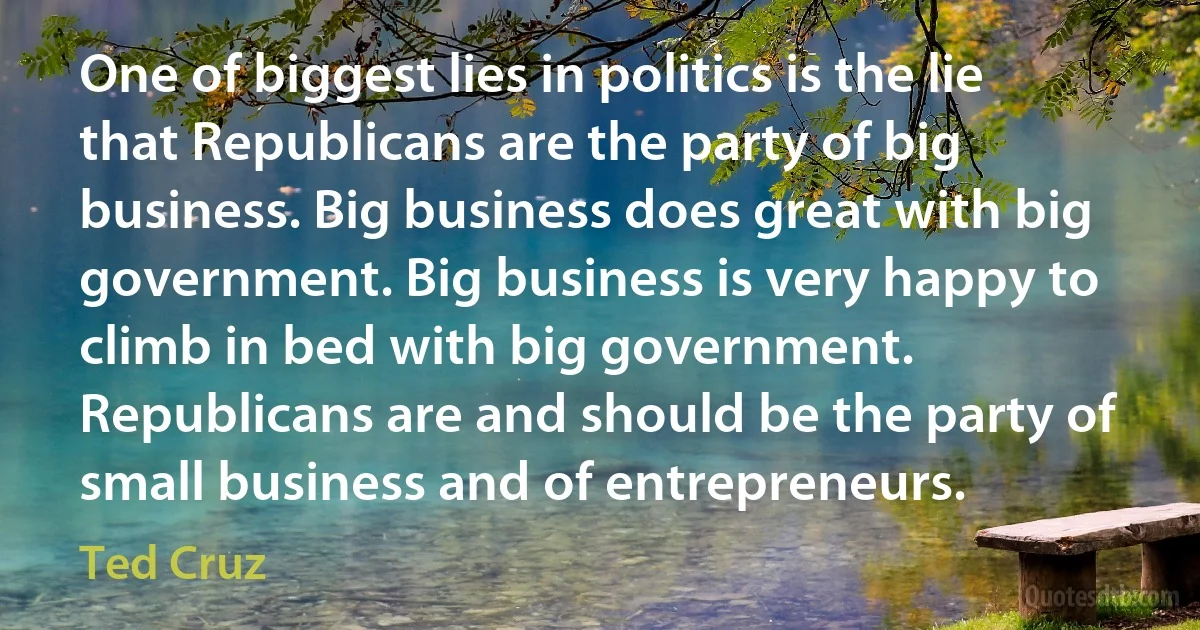 One of biggest lies in politics is the lie that Republicans are the party of big business. Big business does great with big government. Big business is very happy to climb in bed with big government. Republicans are and should be the party of small business and of entrepreneurs. (Ted Cruz)