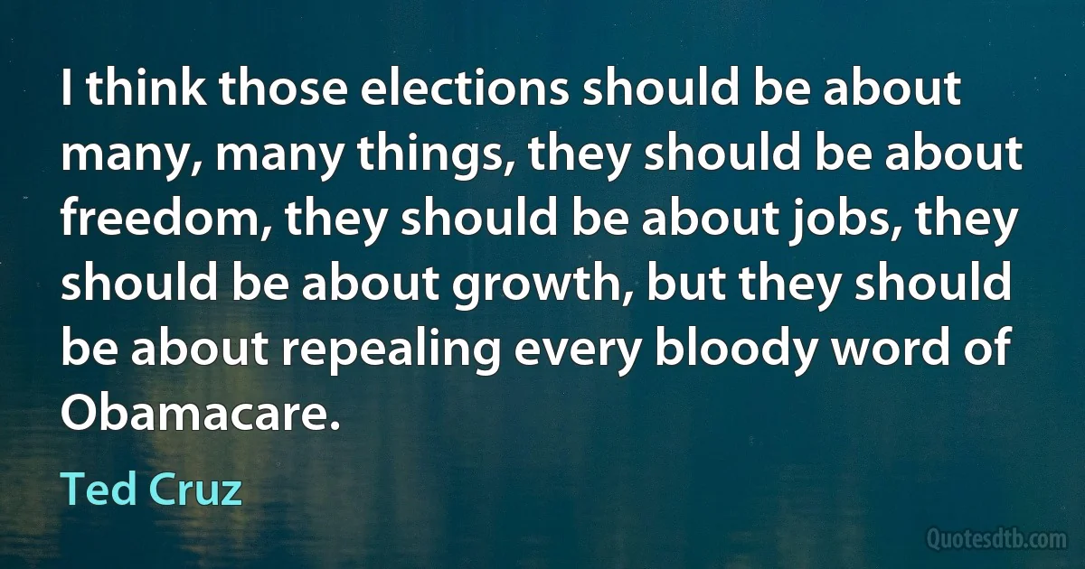 I think those elections should be about many, many things, they should be about freedom, they should be about jobs, they should be about growth, but they should be about repealing every bloody word of Obamacare. (Ted Cruz)