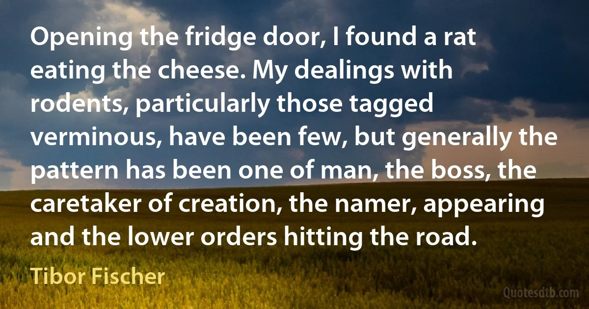 Opening the fridge door, I found a rat eating the cheese. My dealings with rodents, particularly those tagged verminous, have been few, but generally the pattern has been one of man, the boss, the caretaker of creation, the namer, appearing and the lower orders hitting the road. (Tibor Fischer)