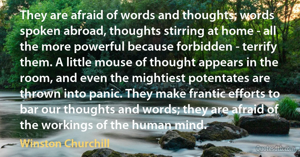 They are afraid of words and thoughts; words spoken abroad, thoughts stirring at home - all the more powerful because forbidden - terrify them. A little mouse of thought appears in the room, and even the mightiest potentates are thrown into panic. They make frantic efforts to bar our thoughts and words; they are afraid of the workings of the human mind. (Winston Churchill)