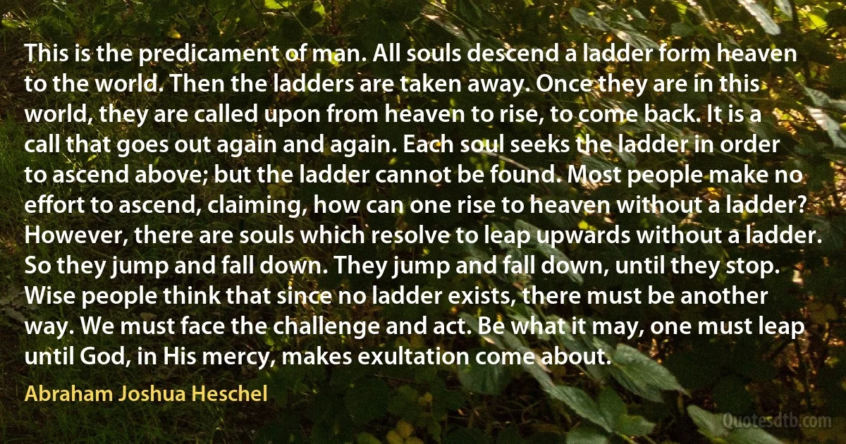 This is the predicament of man. All souls descend a ladder form heaven to the world. Then the ladders are taken away. Once they are in this world, they are called upon from heaven to rise, to come back. It is a call that goes out again and again. Each soul seeks the ladder in order to ascend above; but the ladder cannot be found. Most people make no effort to ascend, claiming, how can one rise to heaven without a ladder? However, there are souls which resolve to leap upwards without a ladder. So they jump and fall down. They jump and fall down, until they stop. Wise people think that since no ladder exists, there must be another way. We must face the challenge and act. Be what it may, one must leap until God, in His mercy, makes exultation come about. (Abraham Joshua Heschel)