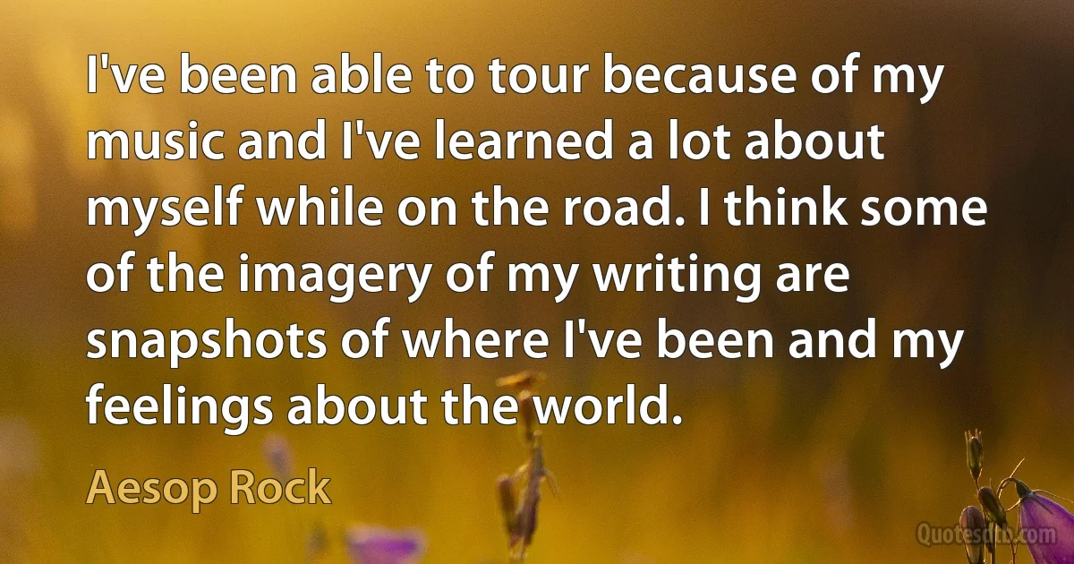 I've been able to tour because of my music and I've learned a lot about myself while on the road. I think some of the imagery of my writing are snapshots of where I've been and my feelings about the world. (Aesop Rock)