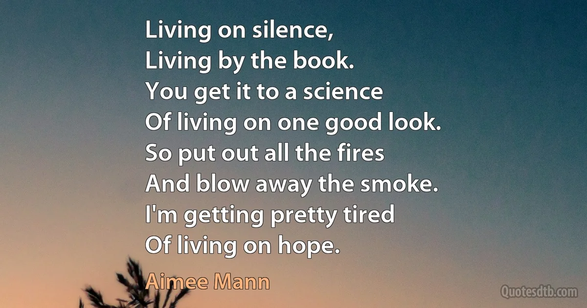 Living on silence,
Living by the book.
You get it to a science
Of living on one good look.
So put out all the fires
And blow away the smoke.
I'm getting pretty tired
Of living on hope. (Aimee Mann)