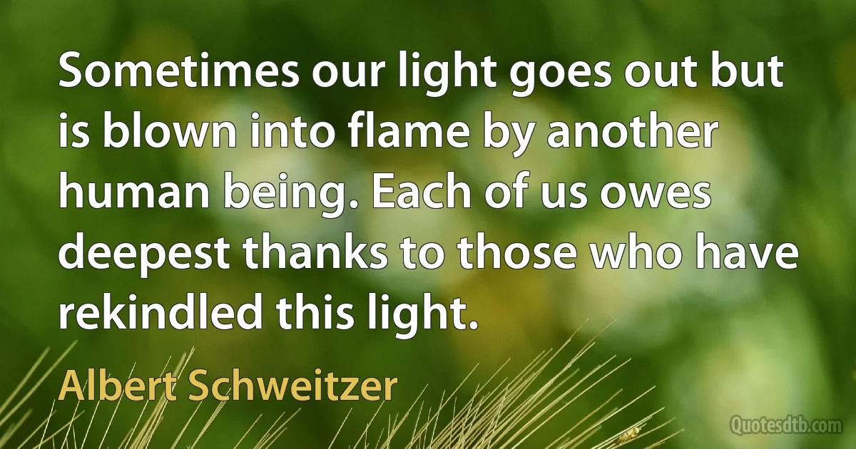 Sometimes our light goes out but is blown into flame by another human being. Each of us owes deepest thanks to those who have rekindled this light. (Albert Schweitzer)