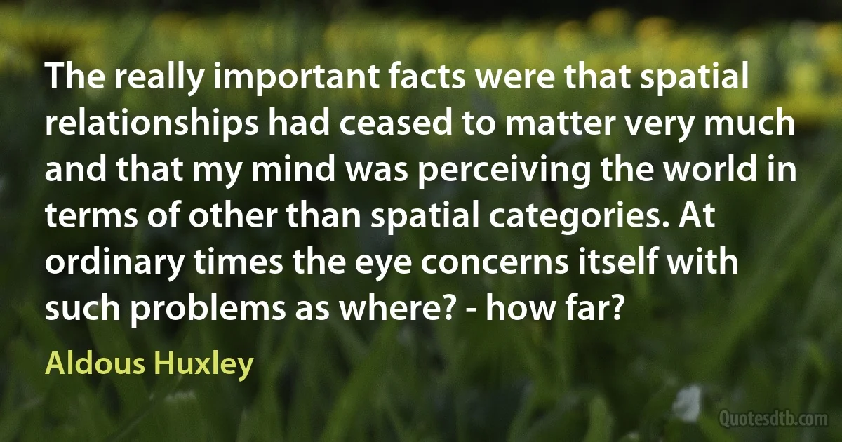 The really important facts were that spatial relationships had ceased to matter very much and that my mind was perceiving the world in terms of other than spatial categories. At ordinary times the eye concerns itself with such problems as where? - how far? (Aldous Huxley)