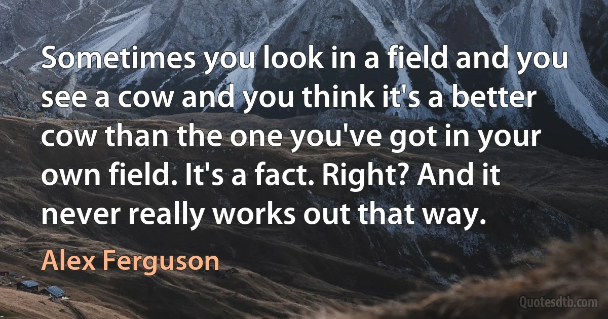 Sometimes you look in a field and you see a cow and you think it's a better cow than the one you've got in your own field. It's a fact. Right? And it never really works out that way. (Alex Ferguson)