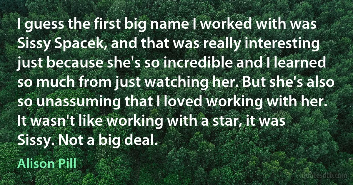 I guess the first big name I worked with was Sissy Spacek, and that was really interesting just because she's so incredible and I learned so much from just watching her. But she's also so unassuming that I loved working with her. It wasn't like working with a star, it was Sissy. Not a big deal. (Alison Pill)