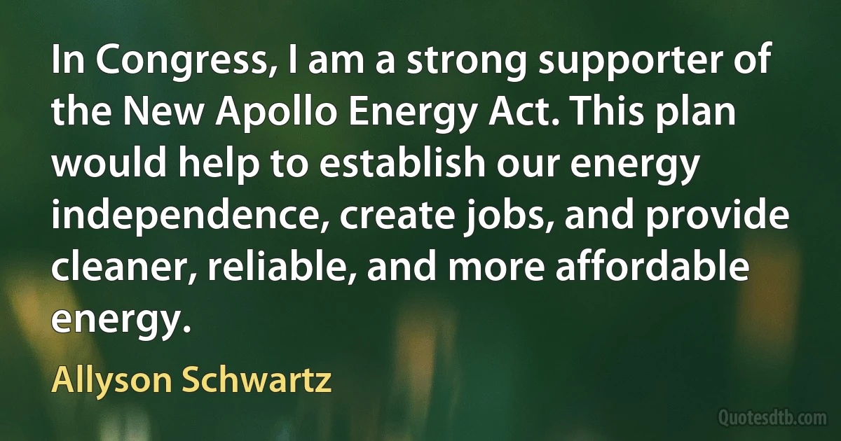 In Congress, I am a strong supporter of the New Apollo Energy Act. This plan would help to establish our energy independence, create jobs, and provide cleaner, reliable, and more affordable energy. (Allyson Schwartz)