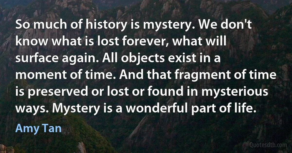 So much of history is mystery. We don't know what is lost forever, what will surface again. All objects exist in a moment of time. And that fragment of time is preserved or lost or found in mysterious ways. Mystery is a wonderful part of life. (Amy Tan)