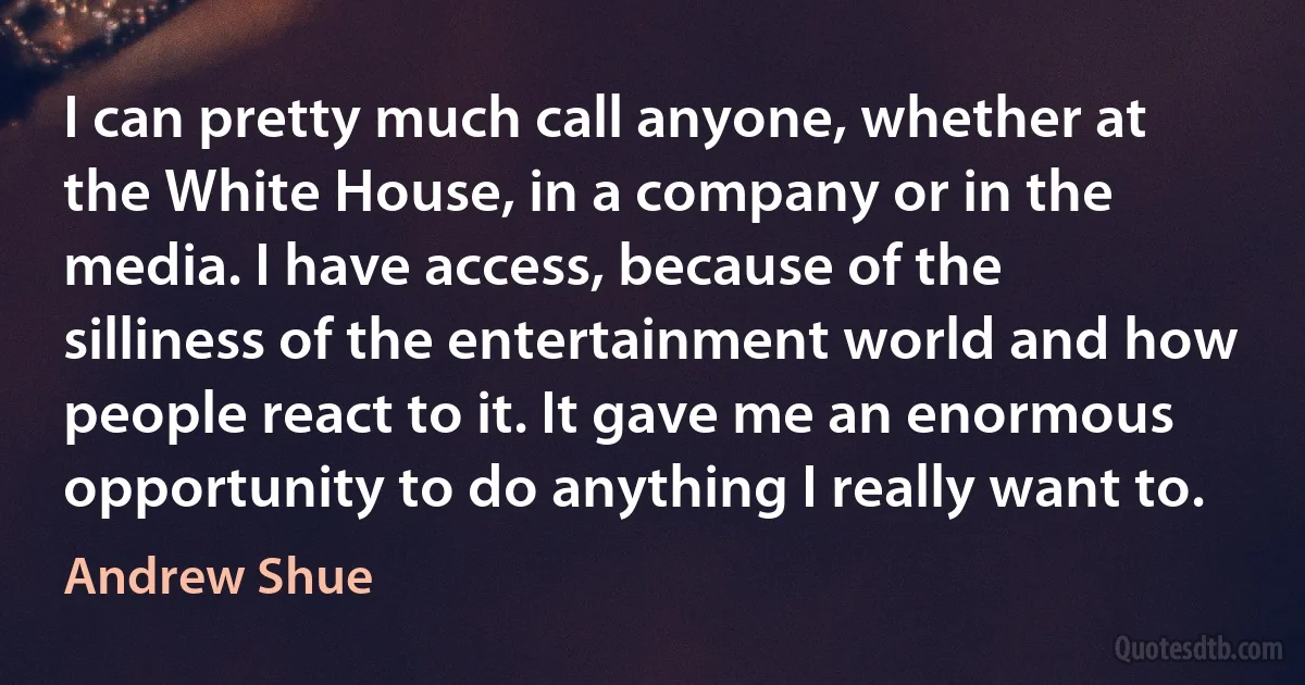 I can pretty much call anyone, whether at the White House, in a company or in the media. I have access, because of the silliness of the entertainment world and how people react to it. It gave me an enormous opportunity to do anything I really want to. (Andrew Shue)