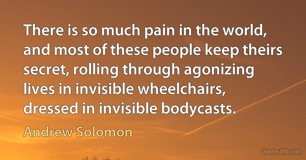 There is so much pain in the world, and most of these people keep theirs secret, rolling through agonizing lives in invisible wheelchairs, dressed in invisible bodycasts. (Andrew Solomon)