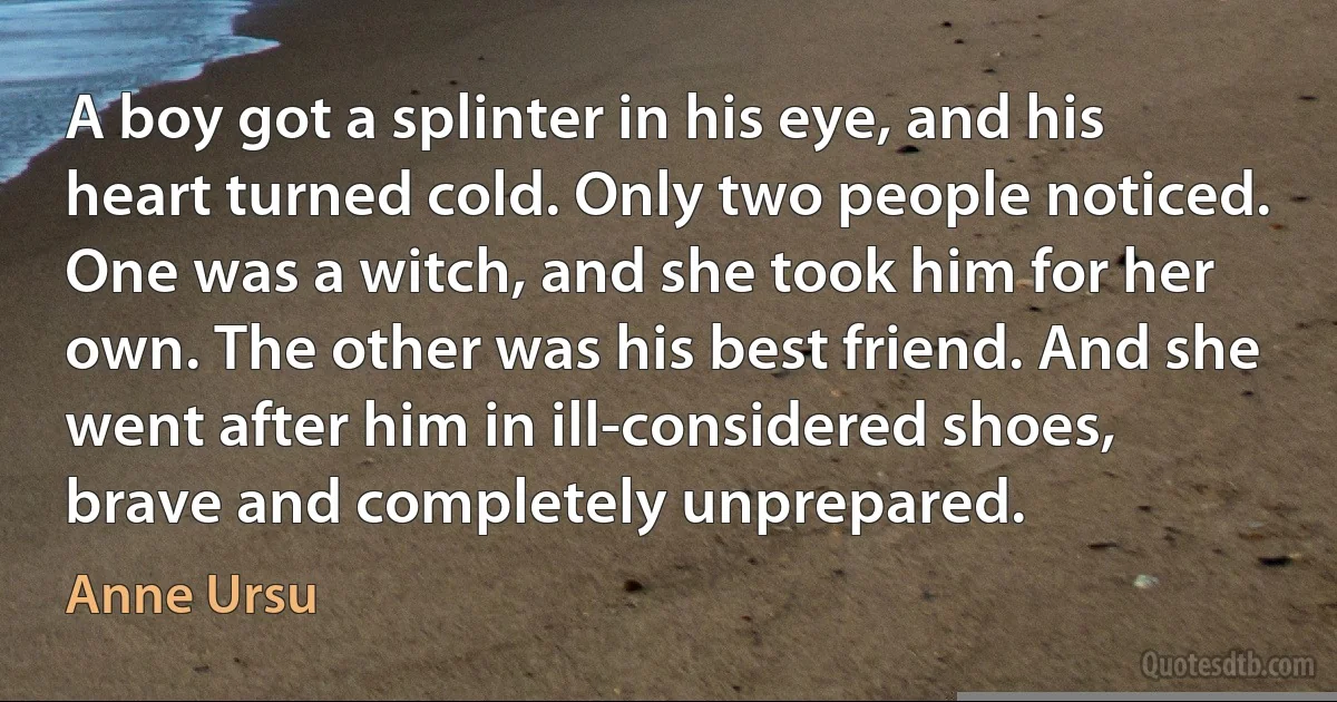 A boy got a splinter in his eye, and his heart turned cold. Only two people noticed. One was a witch, and she took him for her own. The other was his best friend. And she went after him in ill-considered shoes, brave and completely unprepared. (Anne Ursu)