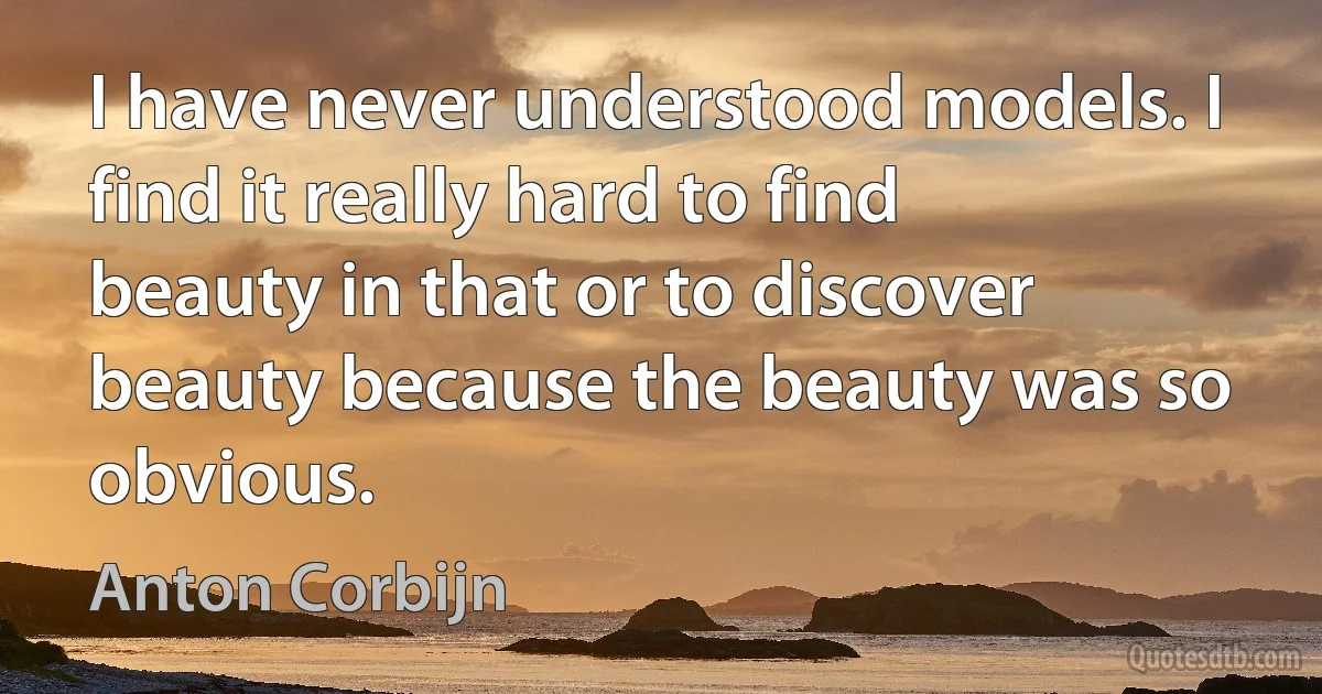 I have never understood models. I find it really hard to find beauty in that or to discover beauty because the beauty was so obvious. (Anton Corbijn)