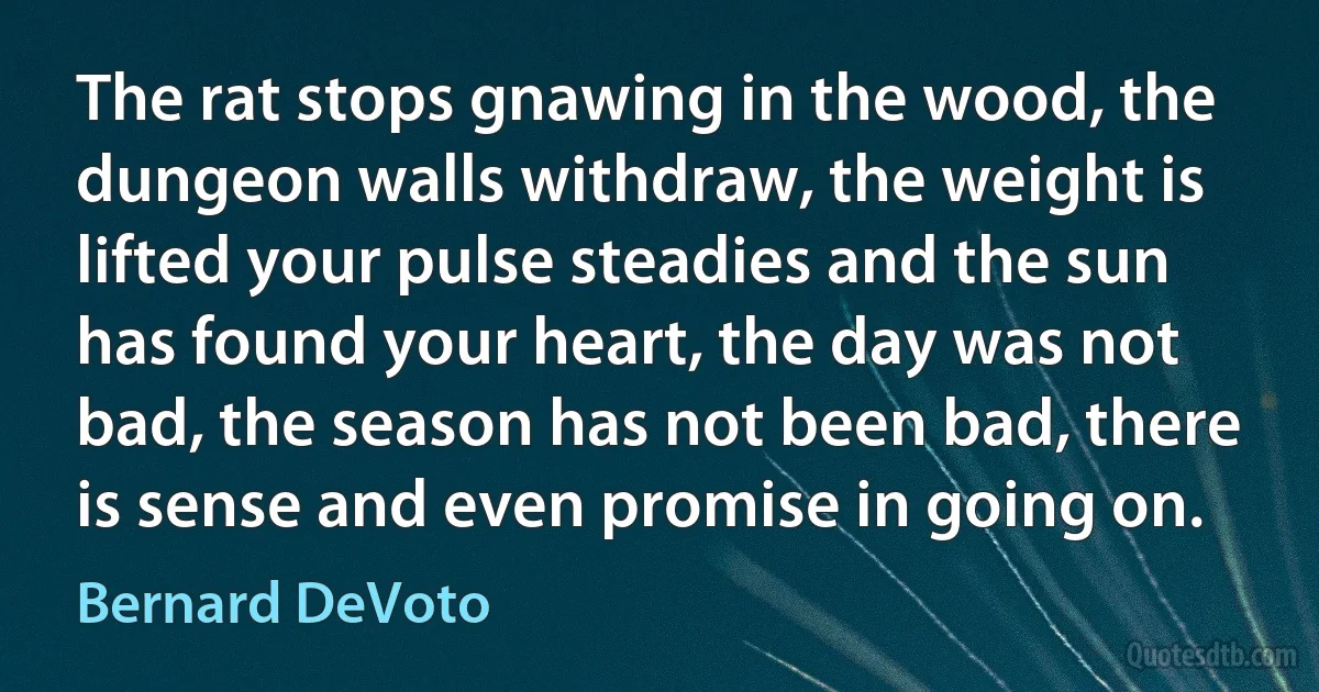 The rat stops gnawing in the wood, the dungeon walls withdraw, the weight is lifted your pulse steadies and the sun has found your heart, the day was not bad, the season has not been bad, there is sense and even promise in going on. (Bernard DeVoto)