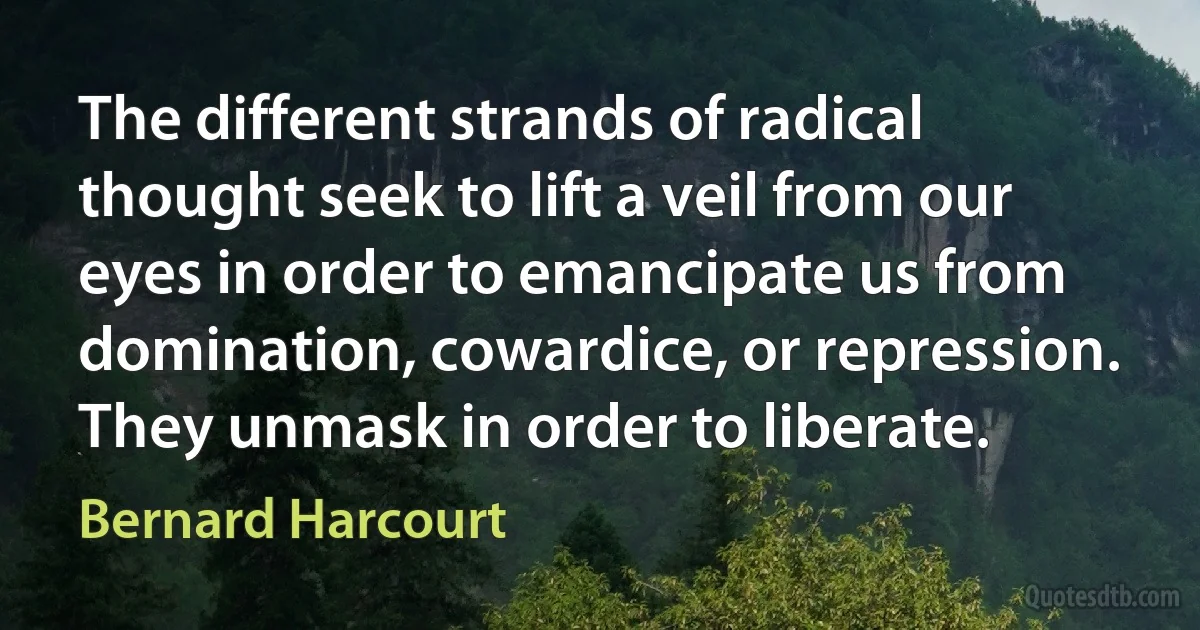 The different strands of radical thought seek to lift a veil from our eyes in order to emancipate us from domination, cowardice, or repression. They unmask in order to liberate. (Bernard Harcourt)