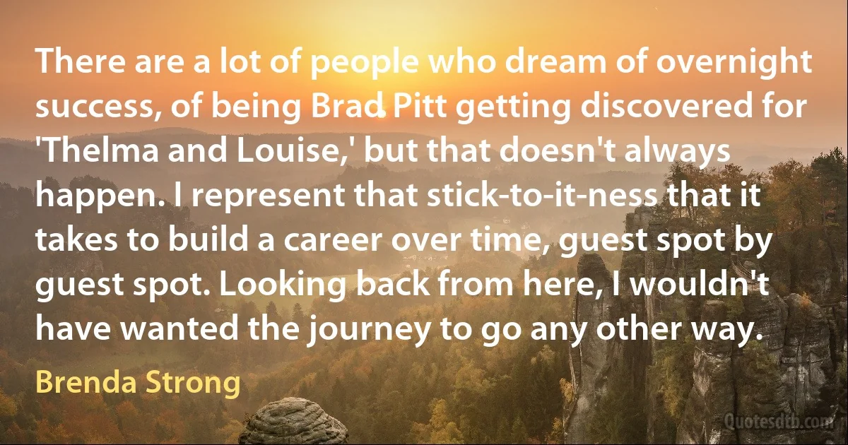 There are a lot of people who dream of overnight success, of being Brad Pitt getting discovered for 'Thelma and Louise,' but that doesn't always happen. I represent that stick-to-it-ness that it takes to build a career over time, guest spot by guest spot. Looking back from here, I wouldn't have wanted the journey to go any other way. (Brenda Strong)