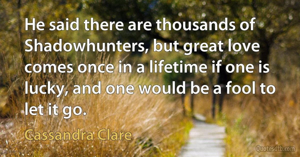 He said there are thousands of Shadowhunters, but great love comes once in a lifetime if one is lucky, and one would be a fool to let it go. (Cassandra Clare)