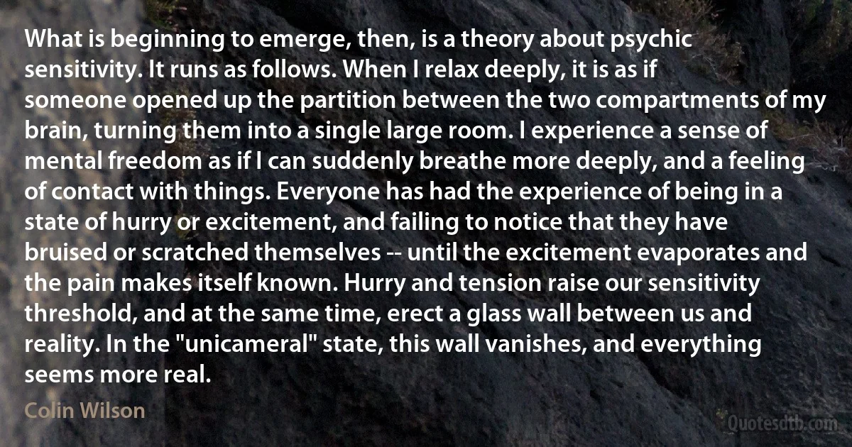 What is beginning to emerge, then, is a theory about psychic sensitivity. It runs as follows. When I relax deeply, it is as if someone opened up the partition between the two compartments of my brain, turning them into a single large room. I experience a sense of mental freedom as if I can suddenly breathe more deeply, and a feeling of contact with things. Everyone has had the experience of being in a state of hurry or excitement, and failing to notice that they have bruised or scratched themselves -- until the excitement evaporates and the pain makes itself known. Hurry and tension raise our sensitivity threshold, and at the same time, erect a glass wall between us and reality. In the "unicameral" state, this wall vanishes, and everything seems more real. (Colin Wilson)