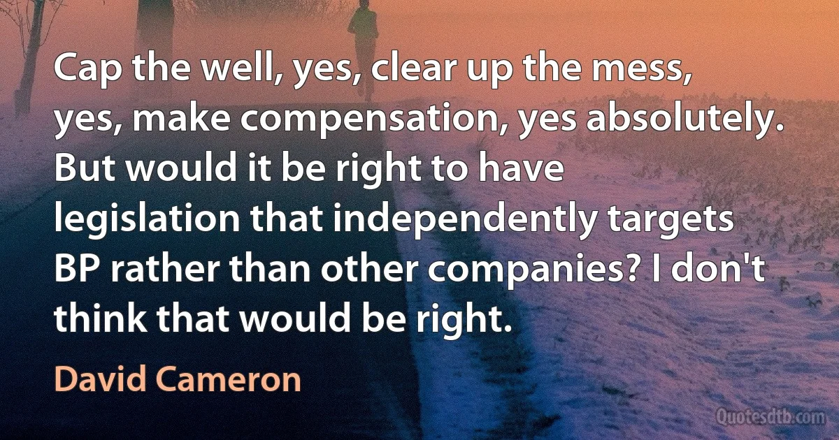 Cap the well, yes, clear up the mess, yes, make compensation, yes absolutely. But would it be right to have legislation that independently targets BP rather than other companies? I don't think that would be right. (David Cameron)