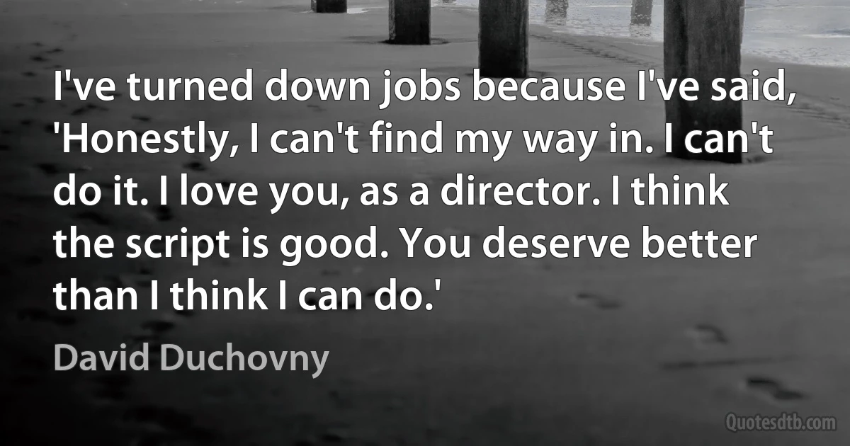 I've turned down jobs because I've said, 'Honestly, I can't find my way in. I can't do it. I love you, as a director. I think the script is good. You deserve better than I think I can do.' (David Duchovny)