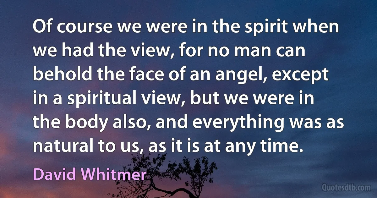 Of course we were in the spirit when we had the view, for no man can behold the face of an angel, except in a spiritual view, but we were in the body also, and everything was as natural to us, as it is at any time. (David Whitmer)