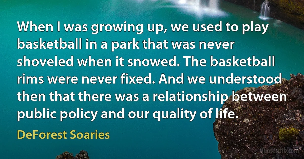 When I was growing up, we used to play basketball in a park that was never shoveled when it snowed. The basketball rims were never fixed. And we understood then that there was a relationship between public policy and our quality of life. (DeForest Soaries)