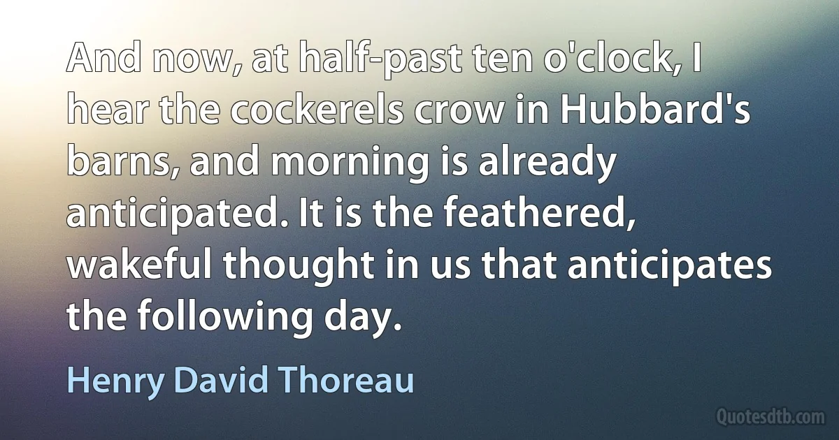 And now, at half-past ten o'clock, I hear the cockerels crow in Hubbard's barns, and morning is already anticipated. It is the feathered, wakeful thought in us that anticipates the following day. (Henry David Thoreau)