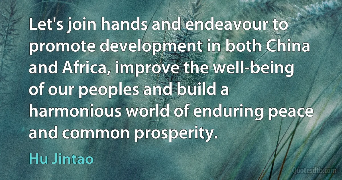 Let's join hands and endeavour to promote development in both China and Africa, improve the well-being of our peoples and build a harmonious world of enduring peace and common prosperity. (Hu Jintao)