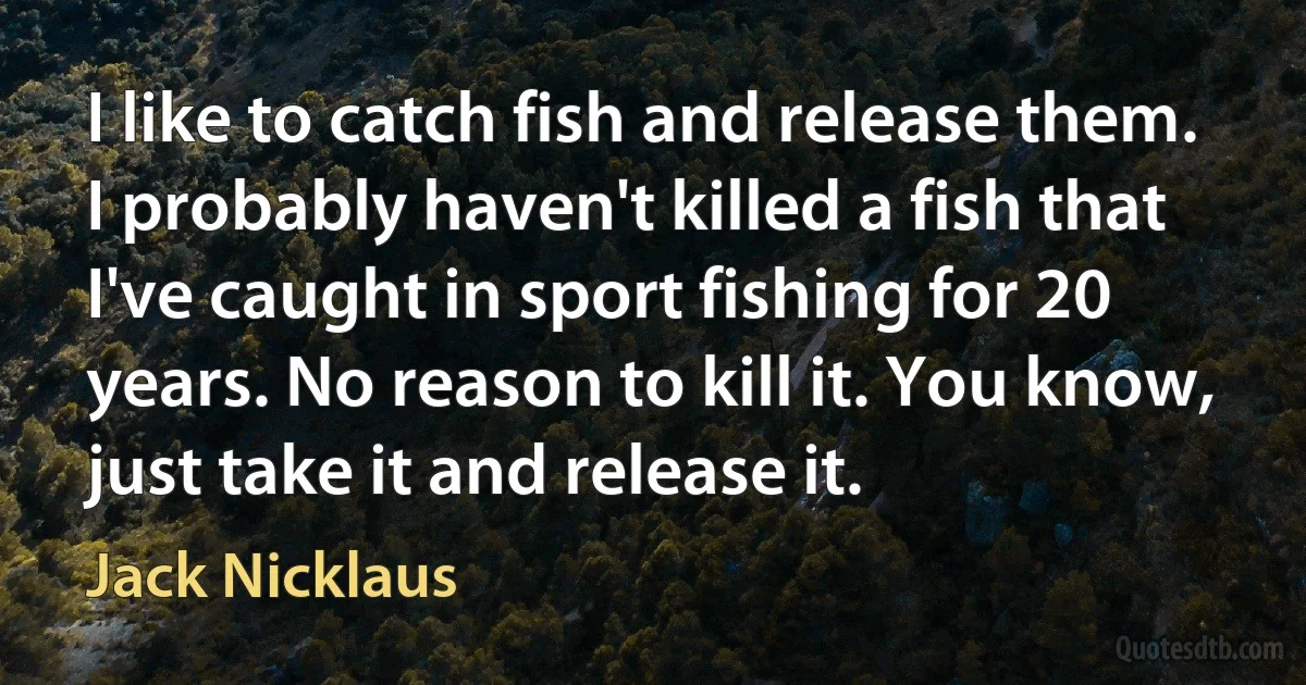 I like to catch fish and release them. I probably haven't killed a fish that I've caught in sport fishing for 20 years. No reason to kill it. You know, just take it and release it. (Jack Nicklaus)