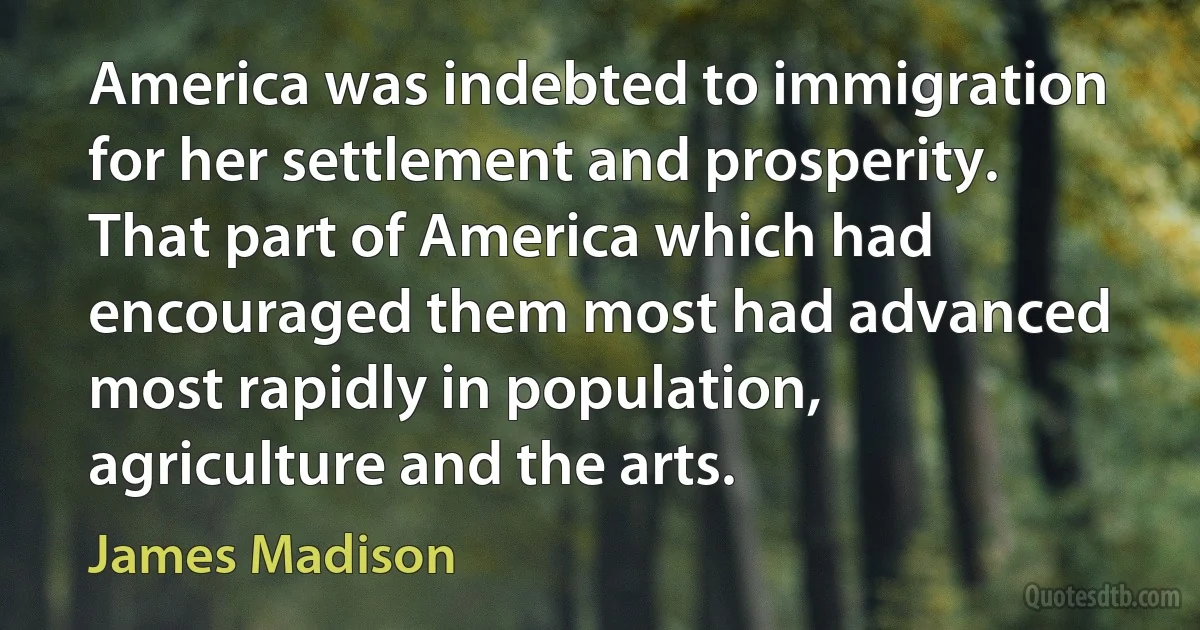 America was indebted to immigration for her settlement and prosperity. That part of America which had encouraged them most had advanced most rapidly in population, agriculture and the arts. (James Madison)