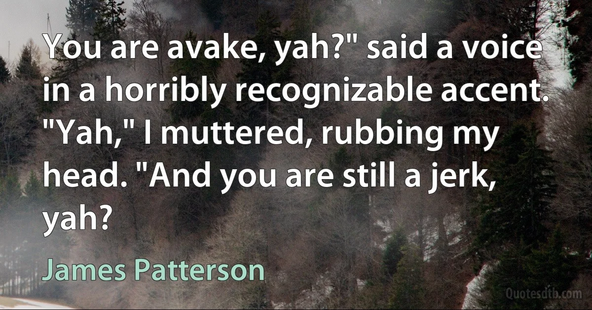 You are avake, yah?" said a voice in a horribly recognizable accent.
"Yah," I muttered, rubbing my head. "And you are still a jerk, yah? (James Patterson)