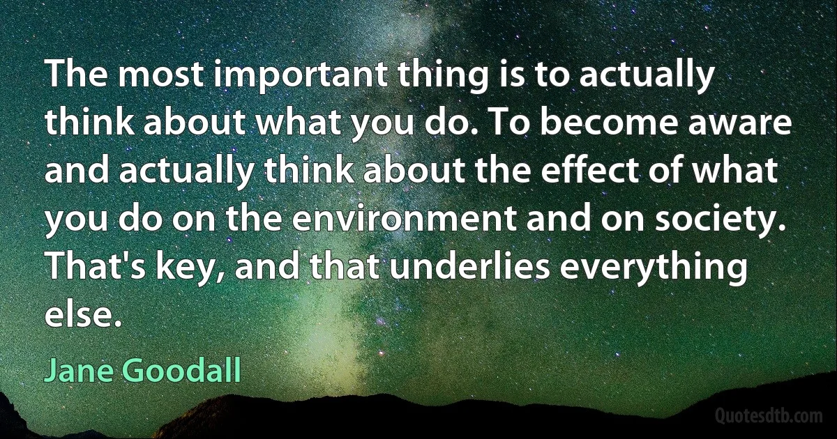 The most important thing is to actually think about what you do. To become aware and actually think about the effect of what you do on the environment and on society. That's key, and that underlies everything else. (Jane Goodall)