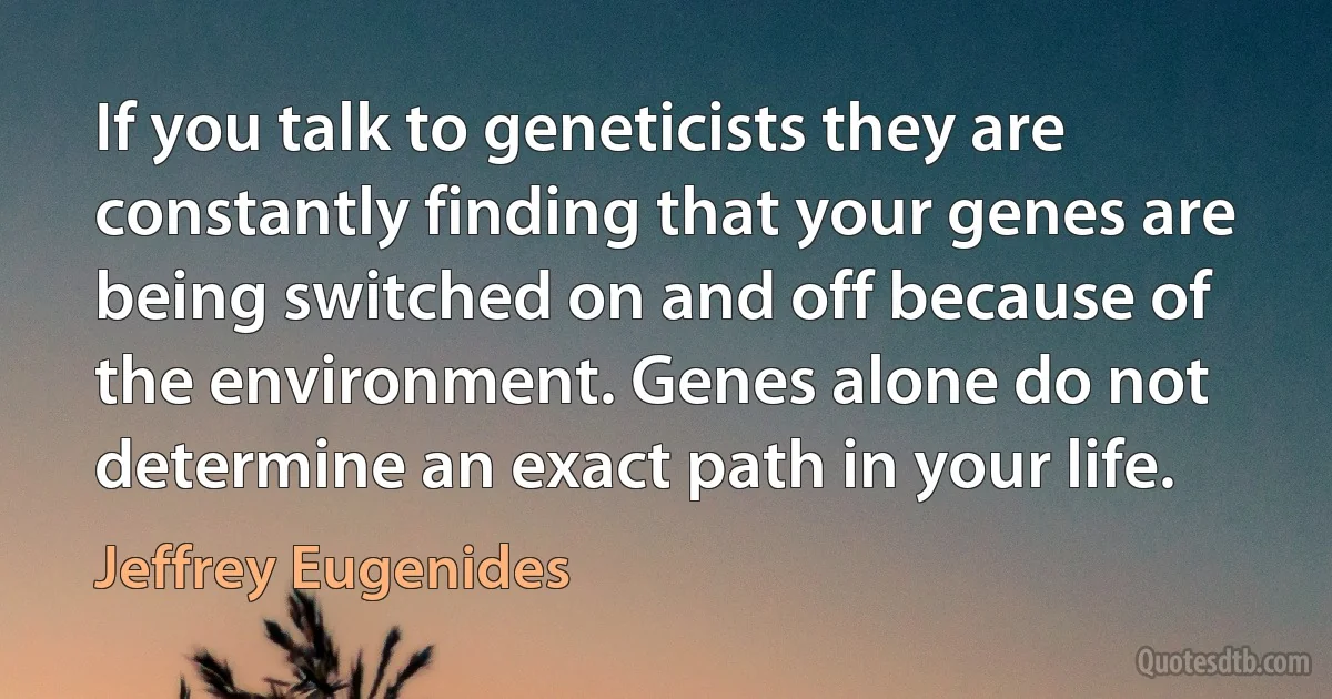 If you talk to geneticists they are constantly finding that your genes are being switched on and off because of the environment. Genes alone do not determine an exact path in your life. (Jeffrey Eugenides)