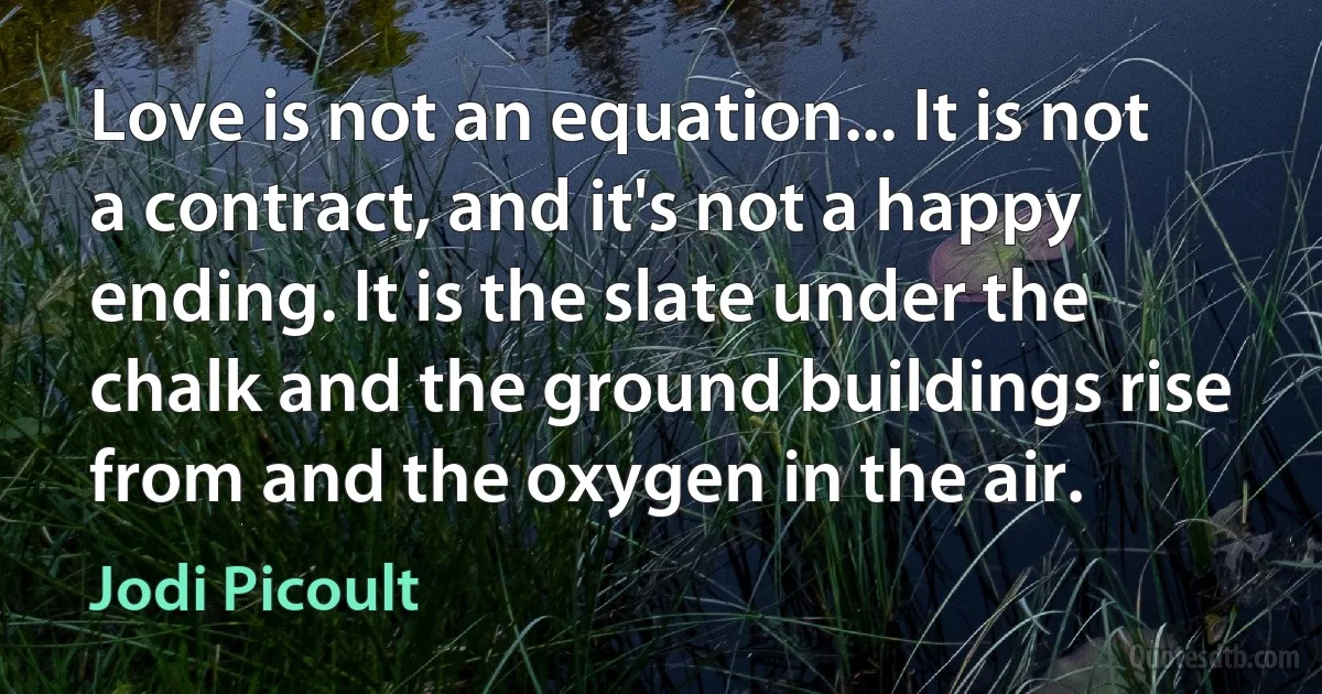 Love is not an equation... It is not a contract, and it's not a happy ending. It is the slate under the chalk and the ground buildings rise from and the oxygen in the air. (Jodi Picoult)