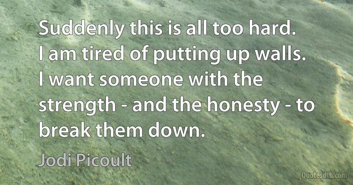 Suddenly this is all too hard. I am tired of putting up walls. I want someone with the strength - and the honesty - to break them down. (Jodi Picoult)